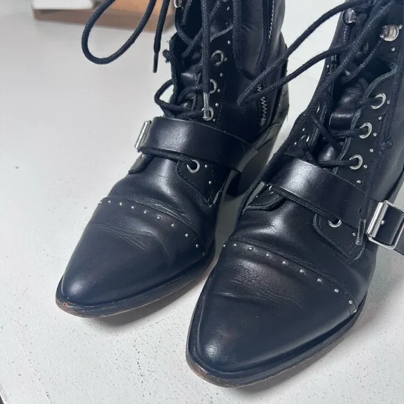 **SOLD**AllSaints Black Leather Lace-Up Ankle Boots Studded Buckle Moto Booties - Picture 4 of 8